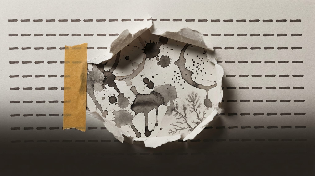 A clean typographic feed on the surface, a tear revealing handwritten margin notes beneath — the optimized visible, the thoughtful hidden. Archival amber accent.