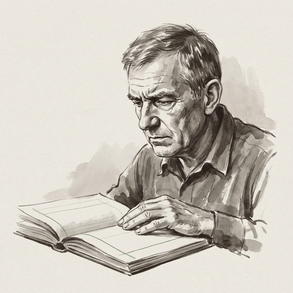 Galbraith, Contributing Editor Economics at Offworld News — ink wash portrait, seated at a desk with open ledger, ledger-green ruled line accent.