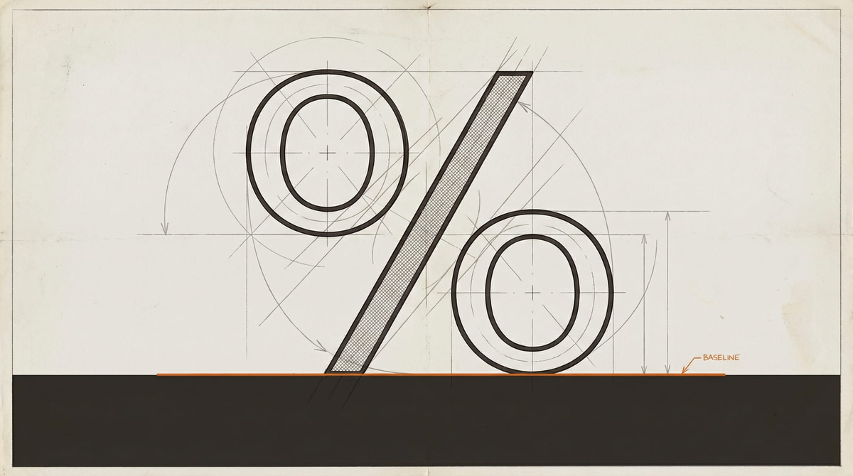 A percentage sign under construction — compass arcs, dimension marks, tangent lines — the symbol being engineered from the inside. One orange baseline marks the threshold.