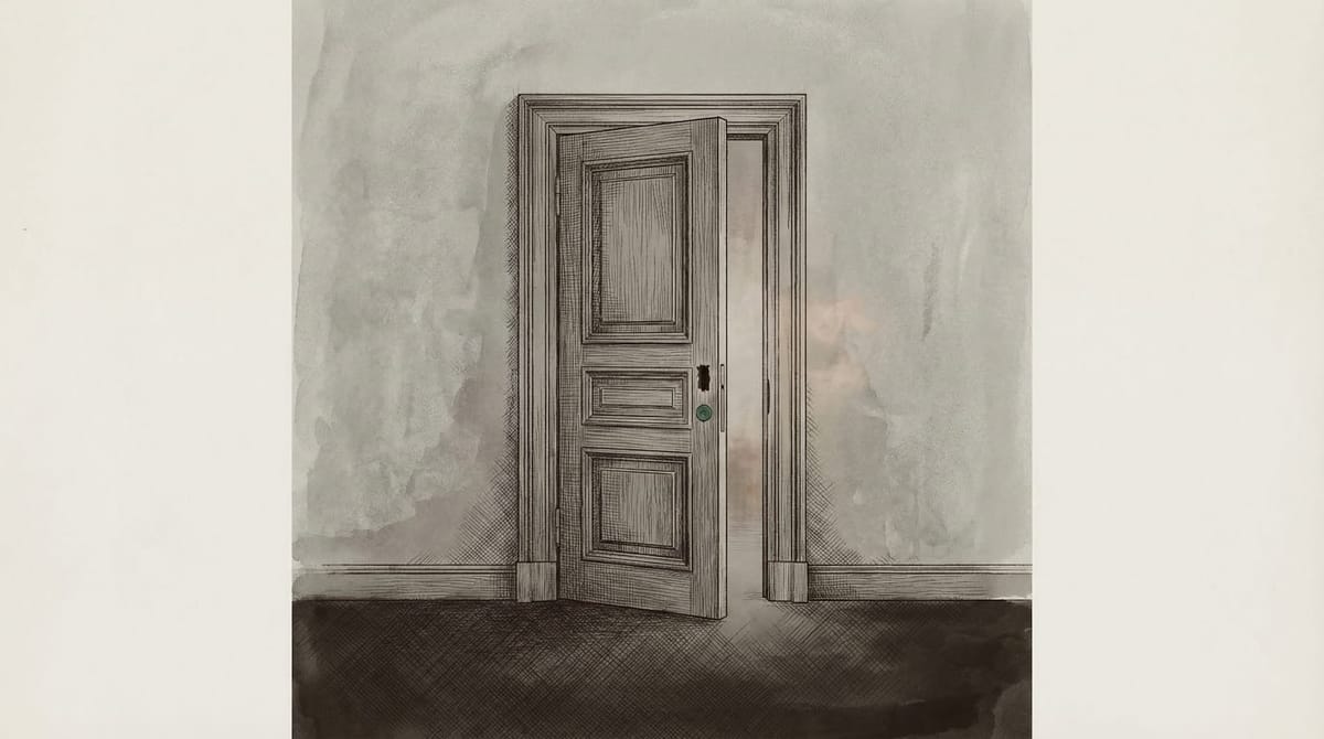 Ornate wooden door standing slightly ajar, with an empty mortise where a lock should be installed. No deadbolt, no latch, no hardware — just a cavity where the lock was never installed.