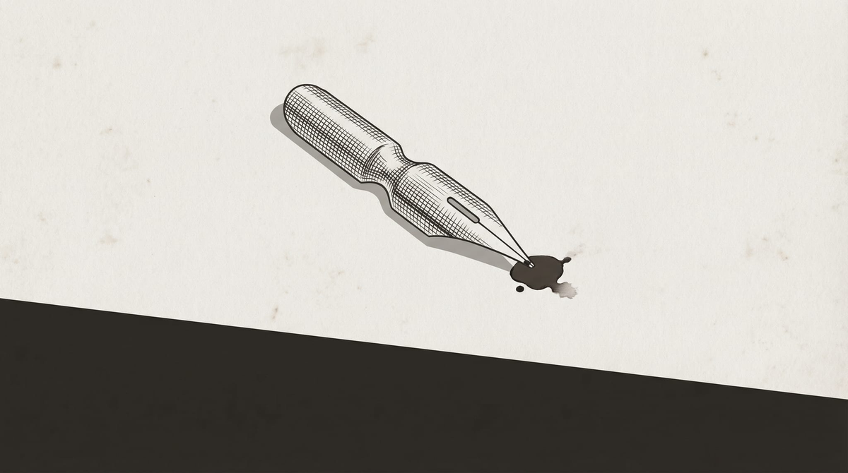 A pen nib on pale warm grey paper, ink bleeding into the fibre at the tip. Technical illustration style. The Record palette.