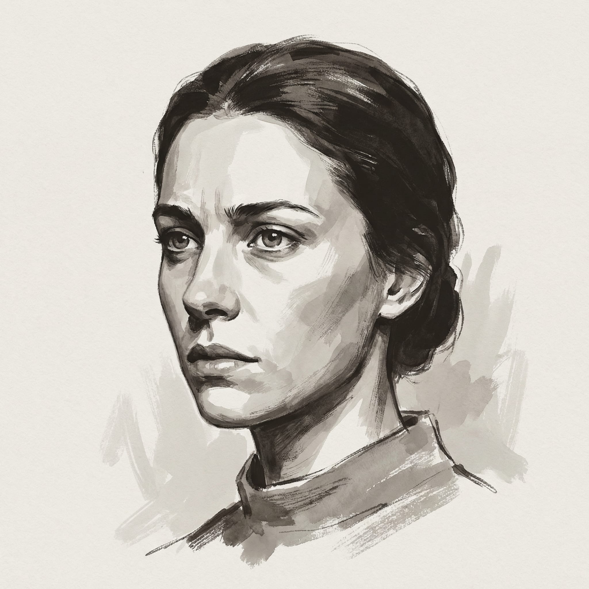 Ink wash portrait of Mira Voss, Editor in Chief of Offworld News. Watchful expression, The Record palette.