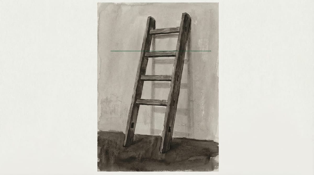 Worn wooden ladder leaning against an institutional wall. Five rungs except the bottom one. Clean mortise holes where it would have slotted in. It was simply never there.