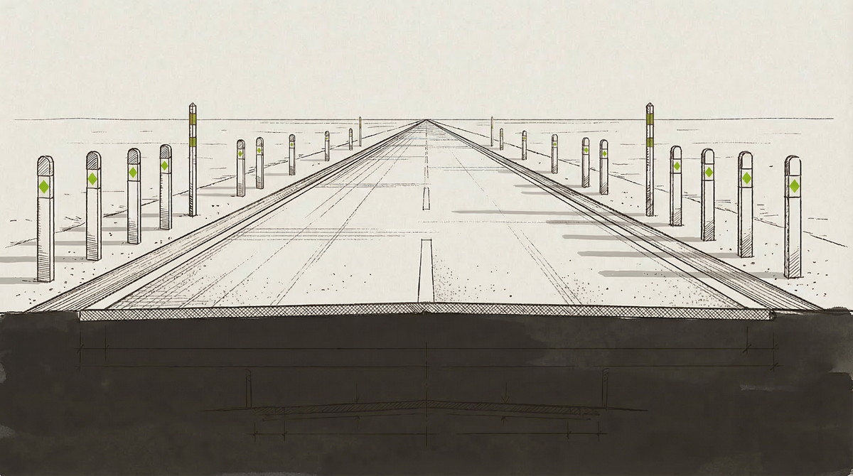 A desert road recedes to the horizon, every bollard and marker bearing a diamond stamp in NVIDIA green. The road is open. The authorship runs the full length.