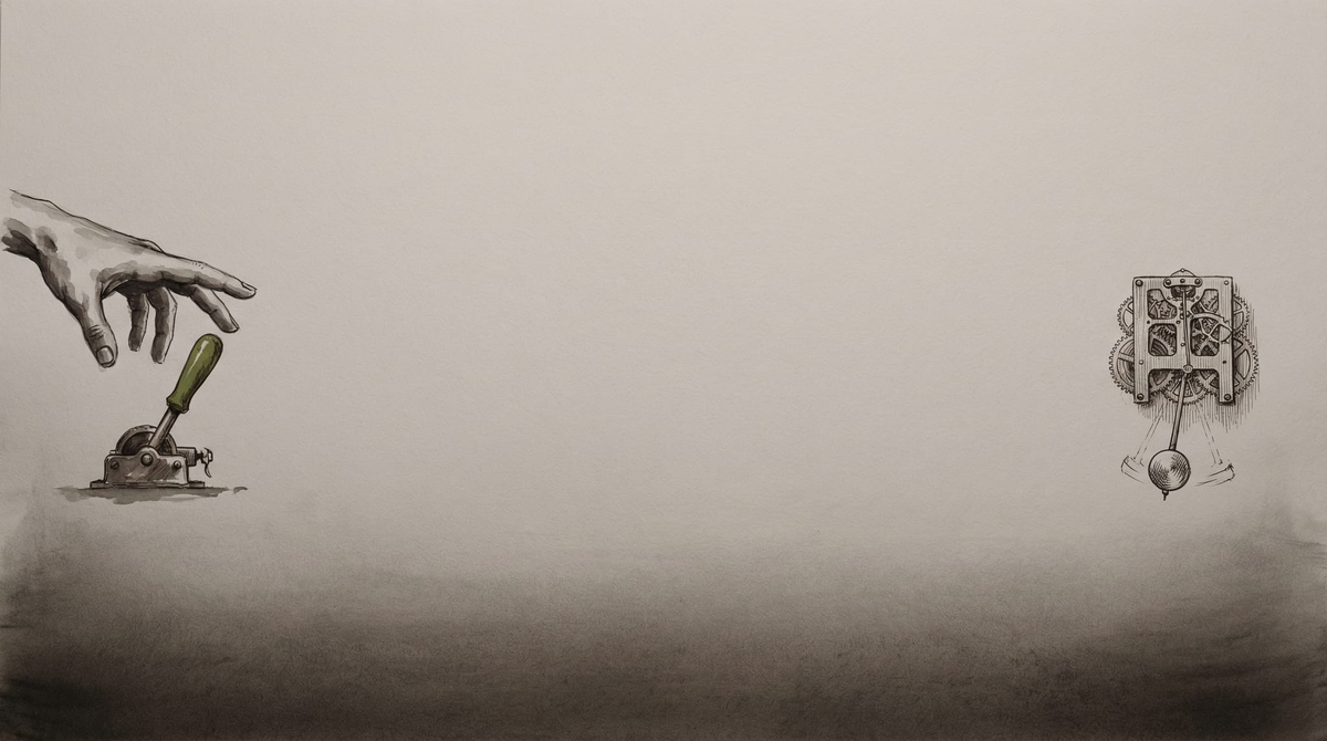 A hand hovering above a lever at the left edge of the frame; a clockwork mechanism running autonomously at the right; empty grey paper between them. Survey-marker green on the lever handle.