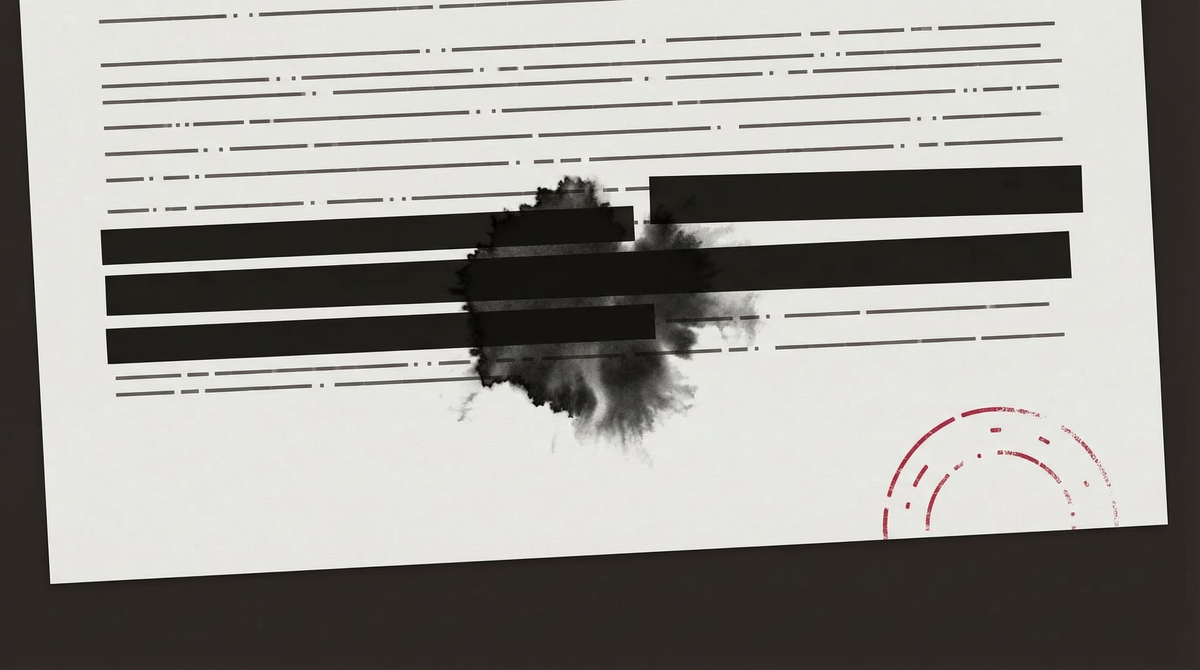 A formal document on pale warm grey paper, ink bleeding through a heavy redaction bar from beneath — material evidence of something that refuses suppression.