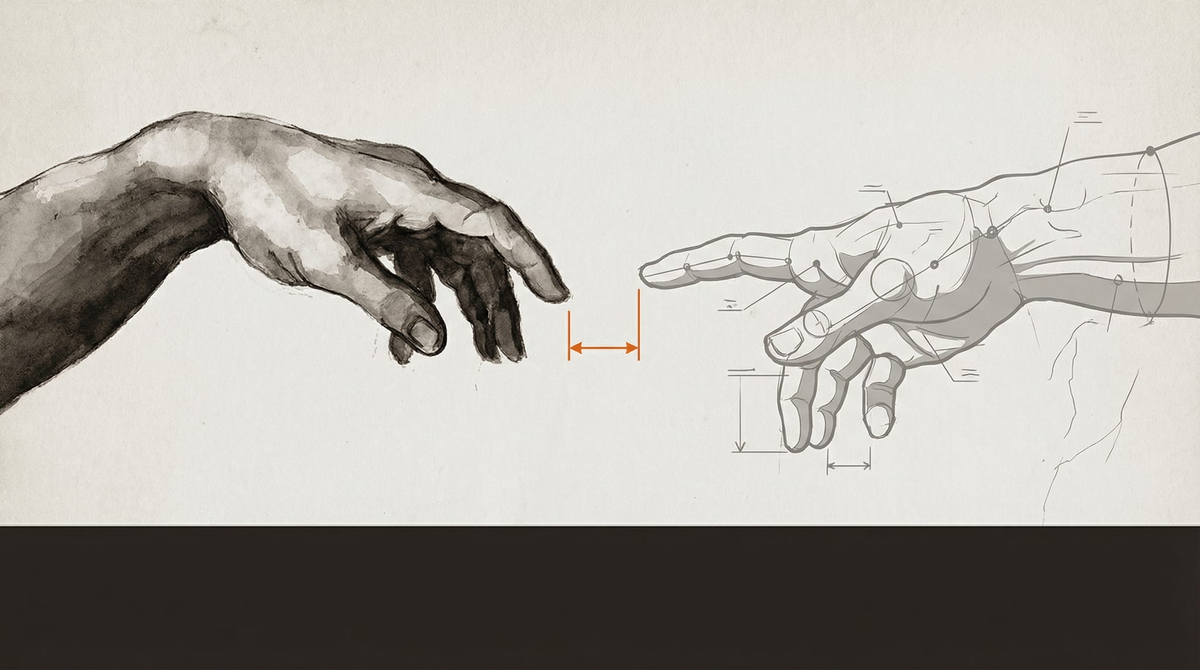 Two hands almost touching. The left rendered in full ink wash — weight, presence. The right a wireframe schematic of a hand. An orange dimension line measures the gap between them.