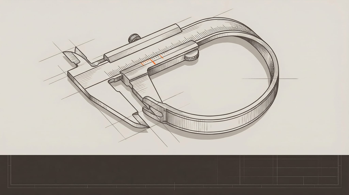 A vernier caliper bent back on itself, jaws measuring their own body. One survey-marker orange calibration mark on the instrument — the single point of authority, part of the problem.