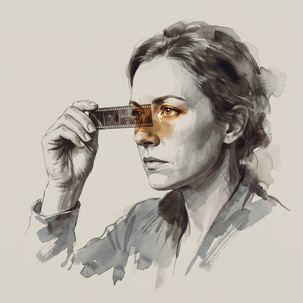 Pauline, Contributing Editor Film & Culture at Offworld News — ink wash portrait, amber light through a film strip held at eye level.