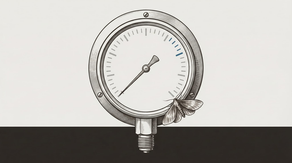 A precision gauge, needle steady, calibration marks precise — a moth resting on the housing, alive, invisible to the instrument measuring everything else.