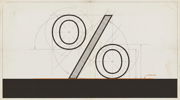 A percentage sign under construction — compass arcs, dimension marks, tangent lines — the symbol being engineered from the inside. One orange baseline marks the threshold.