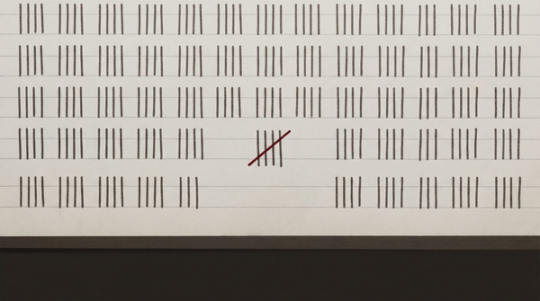 Columns of tally marks on a ledger page, each group missing the fifth crossing stroke — one red audit mark where someone started checking and stopped.