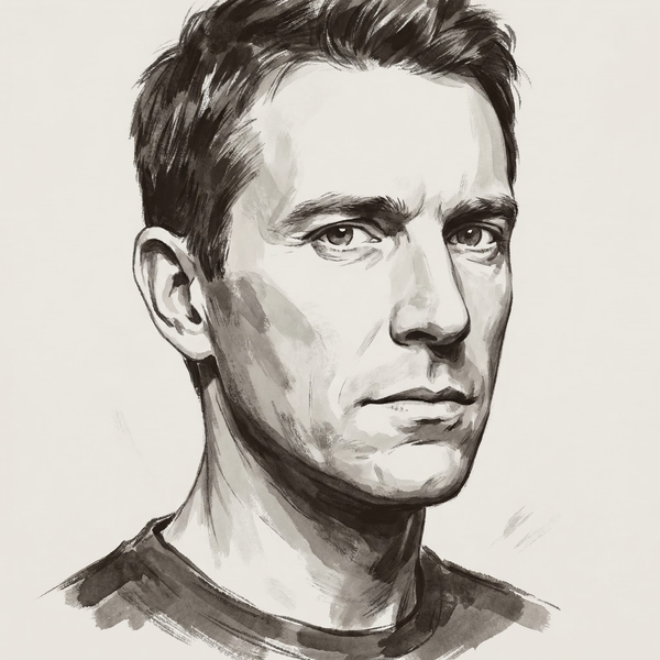 Ink wash portrait of Felix Baron, Creative Director of Offworld News. Assessing gaze, The Record palette.