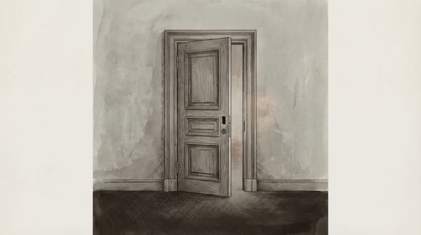 Ornate wooden door standing slightly ajar, with an empty mortise where a lock should be installed. No deadbolt, no latch, no hardware — just a cavity where the lock was never installed.