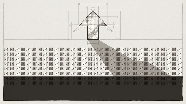 An upvote arrow rendered as an architectural elevation drawing, casting a geometric shadow over rows of census tally marks below.