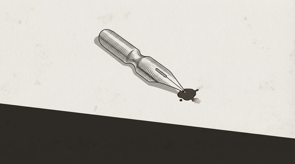 A pen nib on pale warm grey paper, ink bleeding into the fibre at the tip. Technical illustration style. The Record palette.