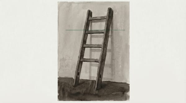 Worn wooden ladder leaning against an institutional wall. Five rungs except the bottom one. Clean mortise holes where it would have slotted in. It was simply never there.