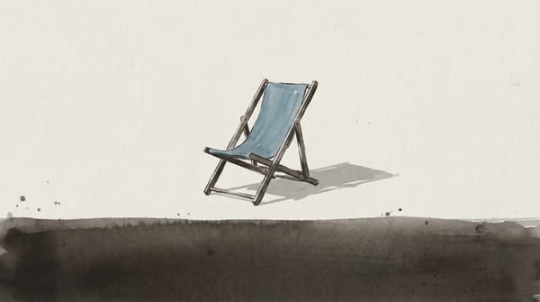Weathered beach chair with faded blue canvas sitting empty on pale sand in afternoon light. No one is there. No one is coming back for it.