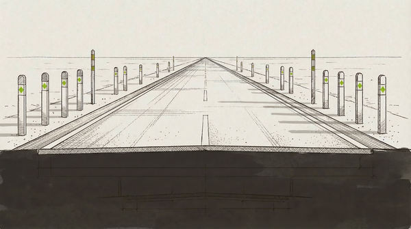 A desert road recedes to the horizon, every bollard and marker bearing a diamond stamp in NVIDIA green. The road is open. The authorship runs the full length.