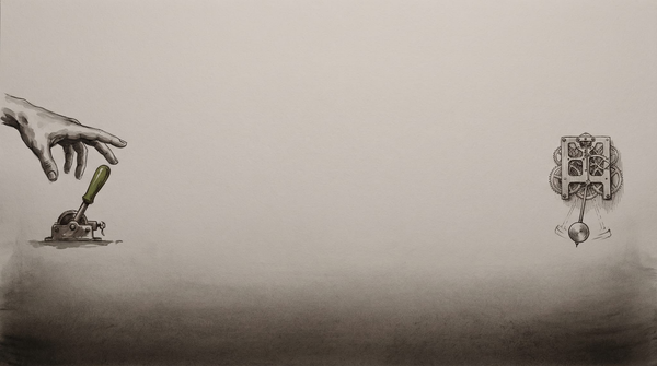 A hand hovering above a lever at the left edge of the frame; a clockwork mechanism running autonomously at the right; empty grey paper between them. Survey-marker green on the lever handle.