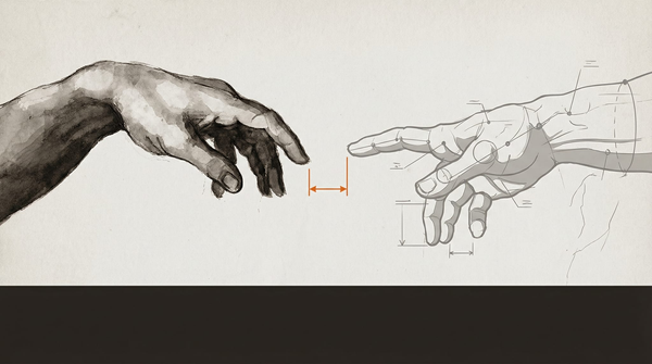 Two hands almost touching. Left: full ink wash, weight and texture. Right: wireframe schematic. Orange dimension line measures the gap between fingertips.