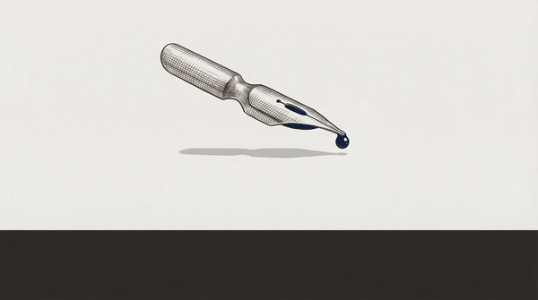 A pen nib hovering just above blank warm grey paper, ink visible in the reservoir, the first mark not yet made. Quiet threshold of beginning. The Record palette.