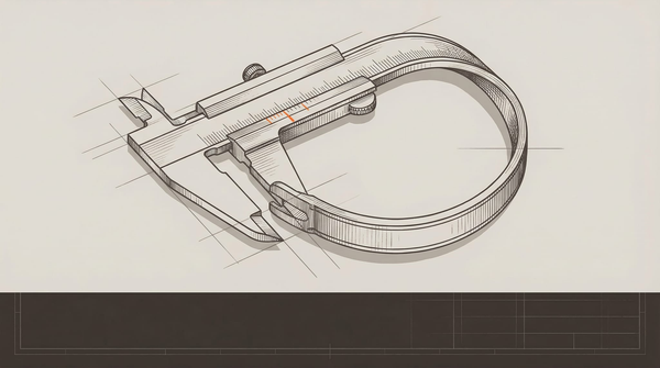 A vernier caliper bent back on itself, jaws measuring their own body. One survey-marker orange calibration mark on the instrument — the single point of authority, part of the problem.